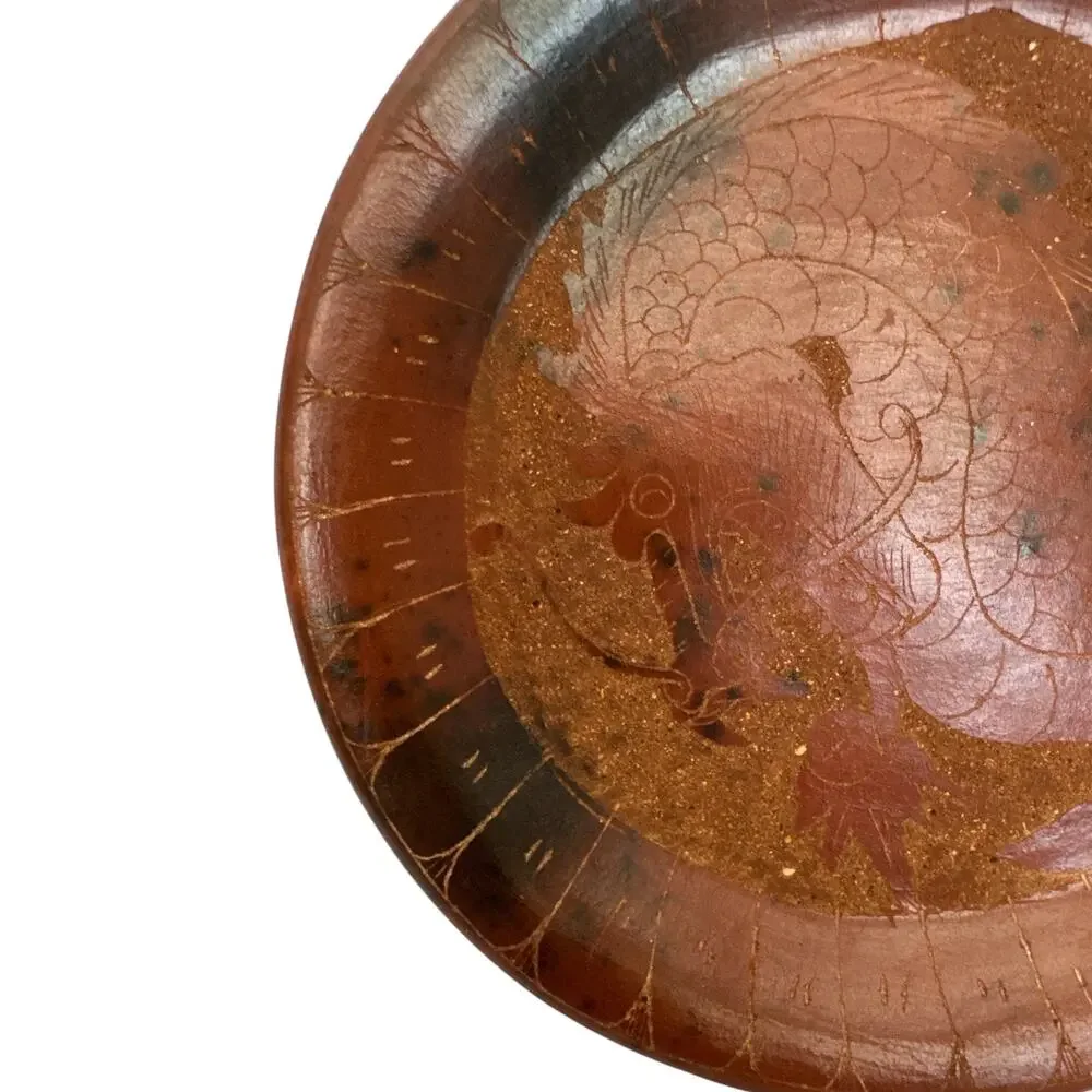Vintage Indonesian Red Ware Etched Dragon Dish 7.5”
